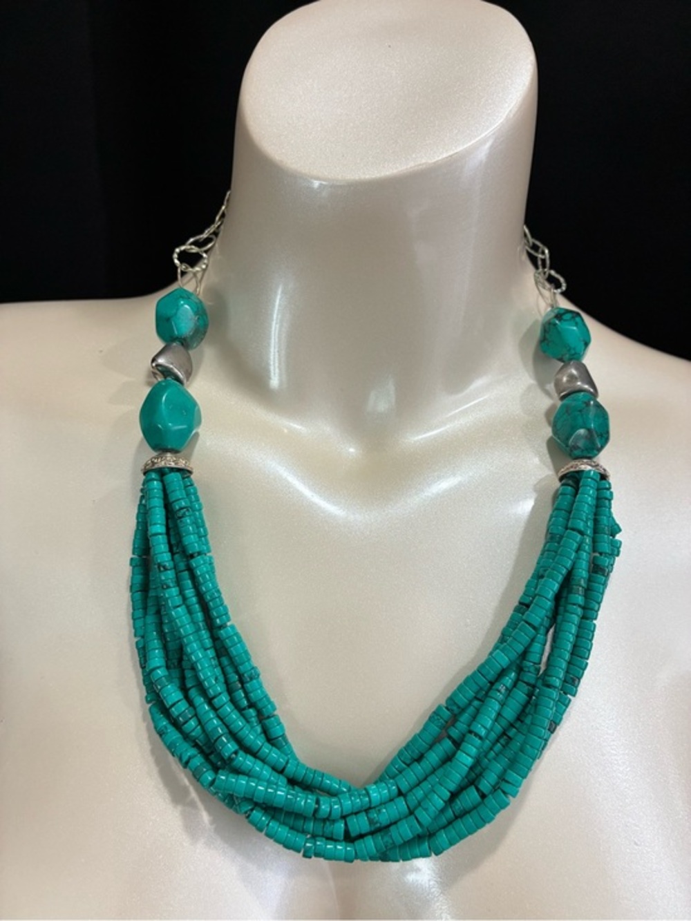 Faux Turquoise Beaded Multi-Strand Silver- Tone Chunky Statement Necklace EUC